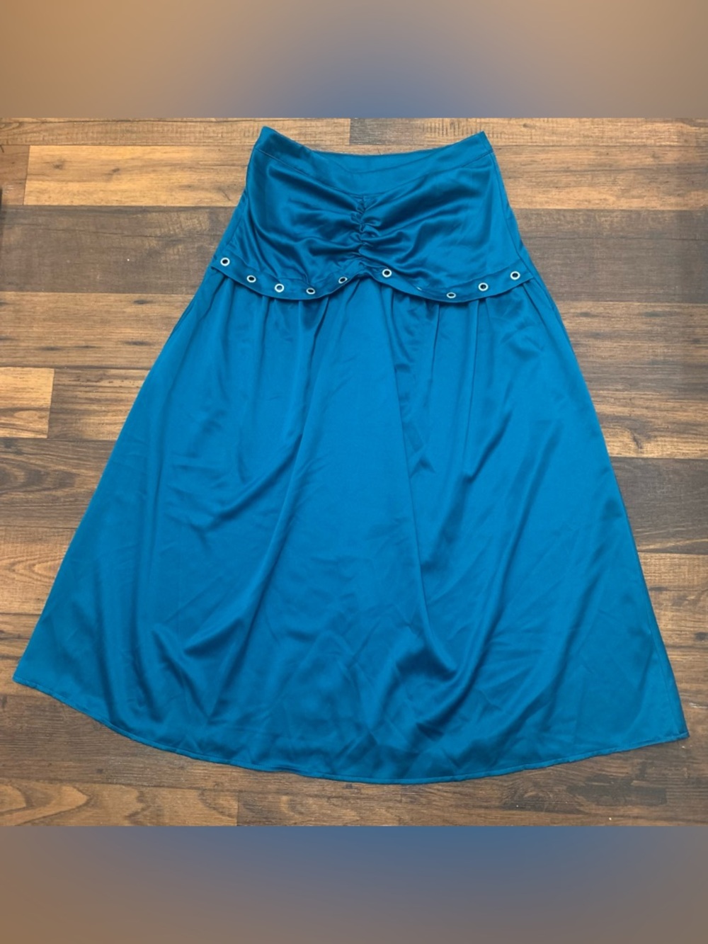 Teal Satin Maxi Skirt with Grommets US Size L 10 Shein Ruched Tulip